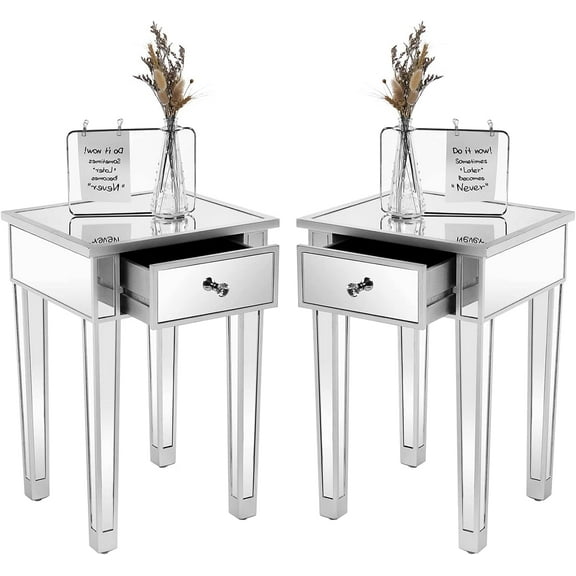 Bonnlo Mirrored Nightstand Set of 2, End Table, Small Modern Bedside Table/Night Stand with Drawer for Bedroom Living Room, Silver