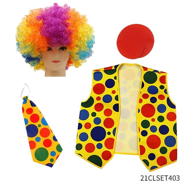 Paquete de 4 disfraces de payaso, peluca de payaso arcoíris + nariz de payaso + chaleco de payaso para Halloween, fiestas de cosplay, carnavales, disfraces, juegos de rol, favores de rendimi