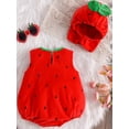 thumbnail image 6 of Douhoow Baby Boys Girls Strawberry Romper with Hat, 6 9 18 24 Months Infant Fleece Leaf Trim Sleeveless Strawberry Bodysuit, 6 of 8