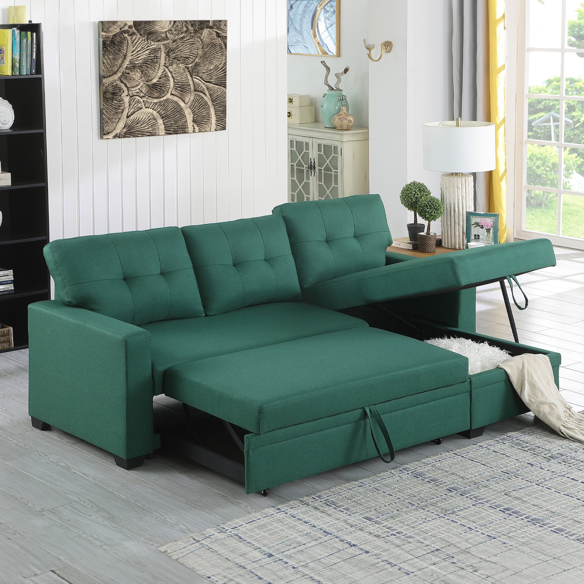 Aukfa 83" Sofa Bed, Sleeper Sofa, Pull Out Bed with Storage Chaise for Living Room, Linen, Green