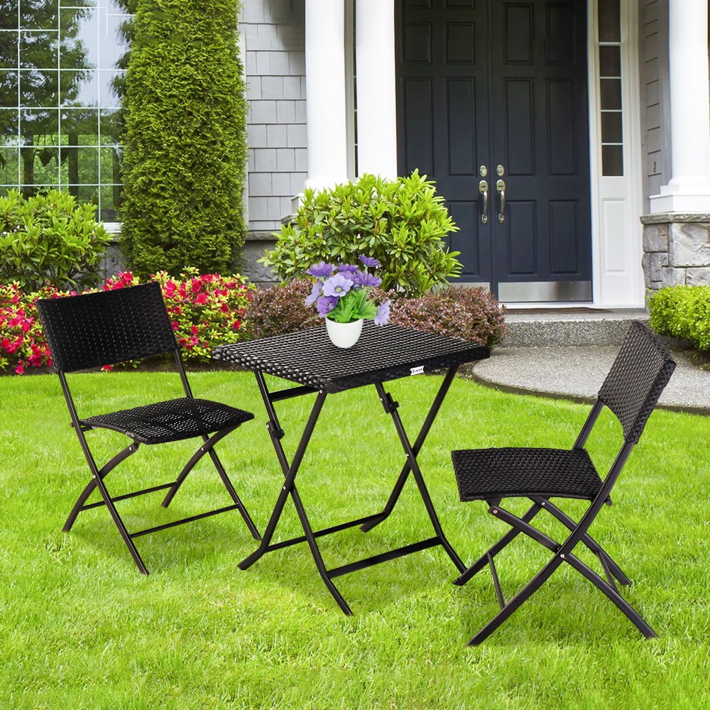 3PC Garden Wicker Furniture Set Foldable Rattan Table Chair Indoor/Outdoor Patio 