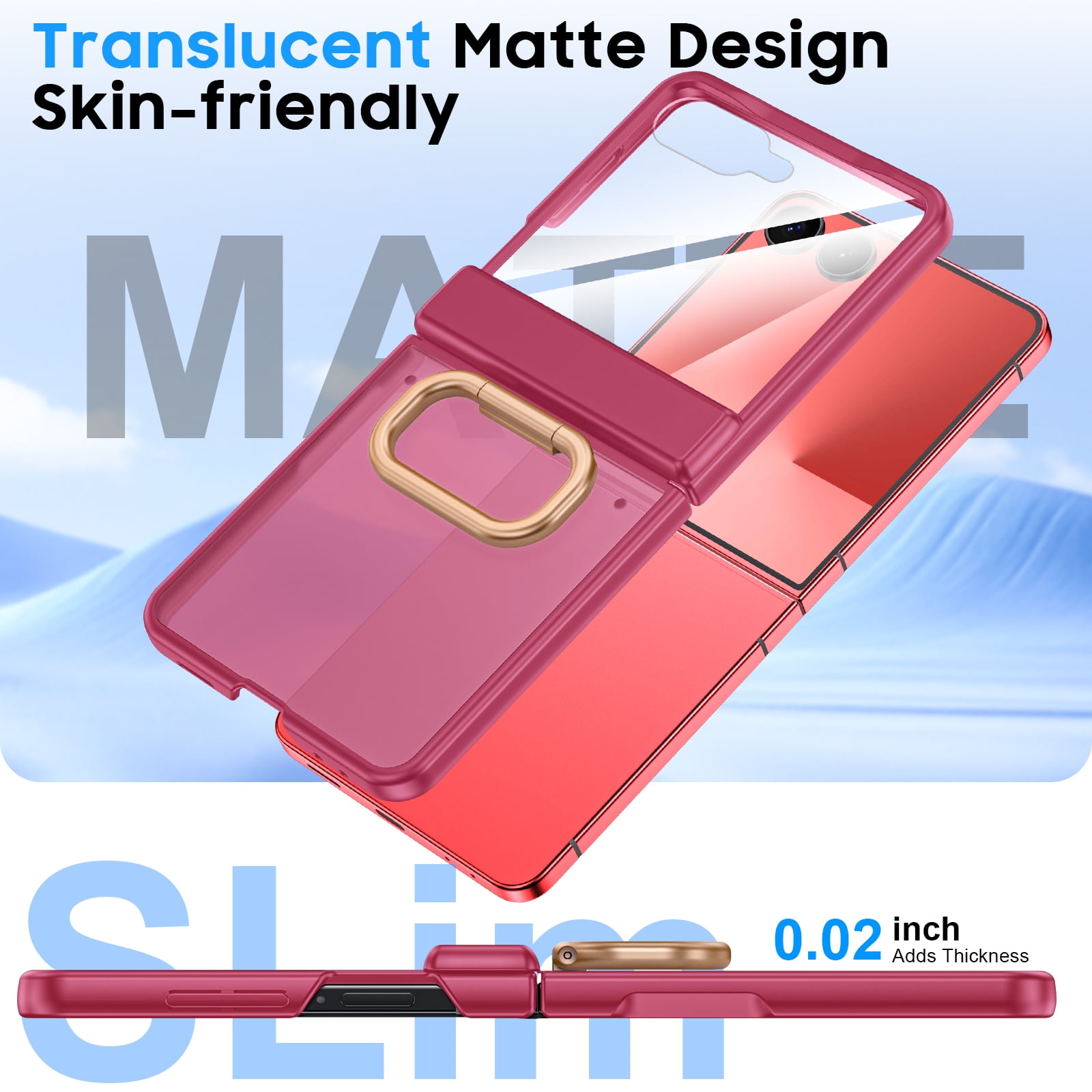 Vizvera for Samsung Galaxy Z Flip 7 Case with Ring Holder & Screen Protector & Hinge Protection,Wireless Charging,Skin Feel Matte PC,Shockproof Phone Case-Rose Red