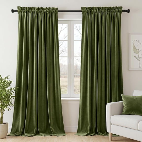 Olive Green Velvet Curtains for Bedroom Window, Super Soft Vintage Luxury Heavy Drapes, Room Darkening Rod Pocket Curtain for Living Room, W52 by L84 inches, 2 Panels