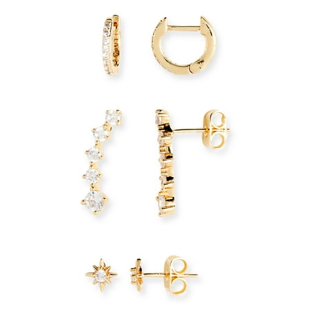 Scoop Womens 14K Gold Flash-Plated Cubic Zirconia Star, Pave Huggie and Ear Climber Earring Set, 3-Piece