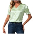 thumbnail image 3 of felwors Womens Blouses Dressy Casual Satin V Neck Short Sleeve Shirts Business Casual Tops for Women(Mint Green, S), 3 of 8