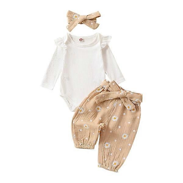 Newborn Infant Girl Clothes Ribbed Romper Daisy Print Pants Hairband Baby Clothes for Girls cream-coloured 70CM