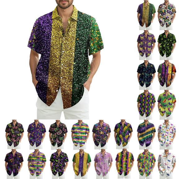 IWRICH Mardi Gras Shirts for Men Plus Size Short Sleeve Button down Shirt Casual Regular Fit Tops Holiday Vacation Outfits 23-Purple XL