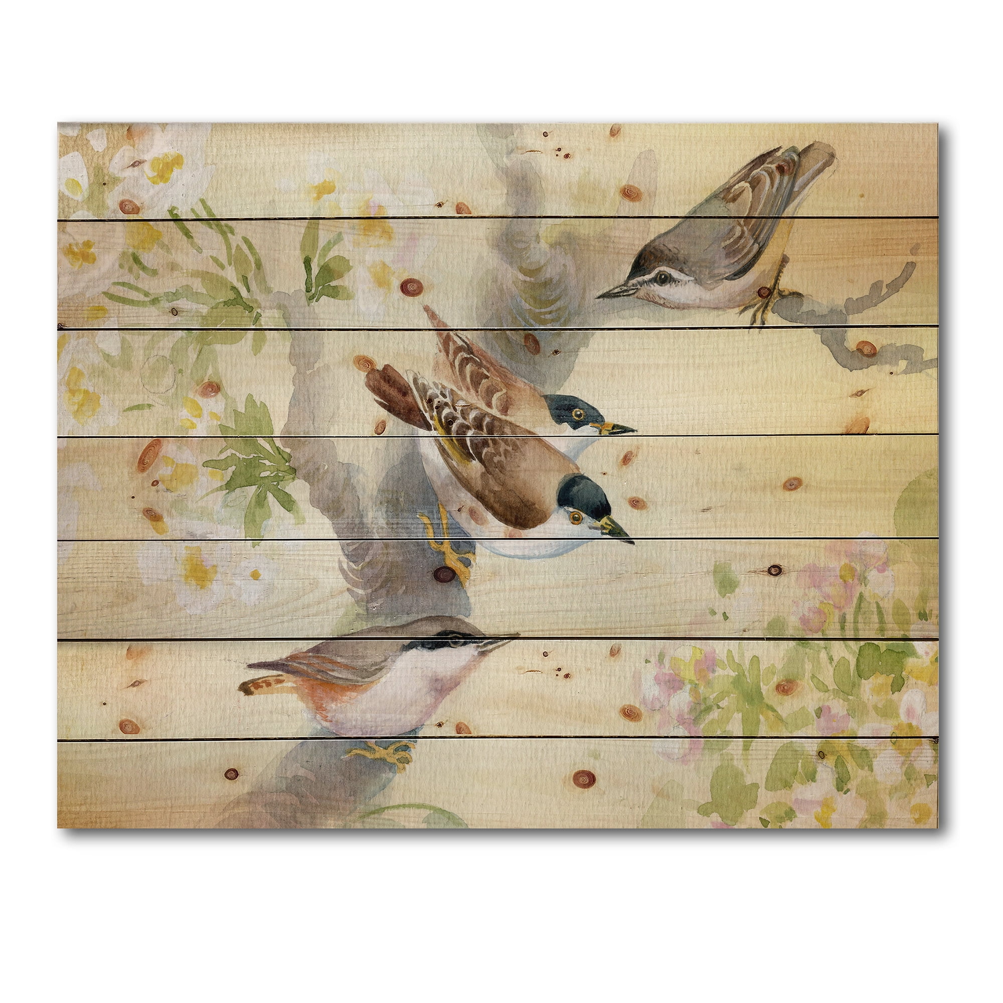 Designart 'Birds Sitting On A Blossoming Apple Tree' Traditional Print on Natural Pine Wood