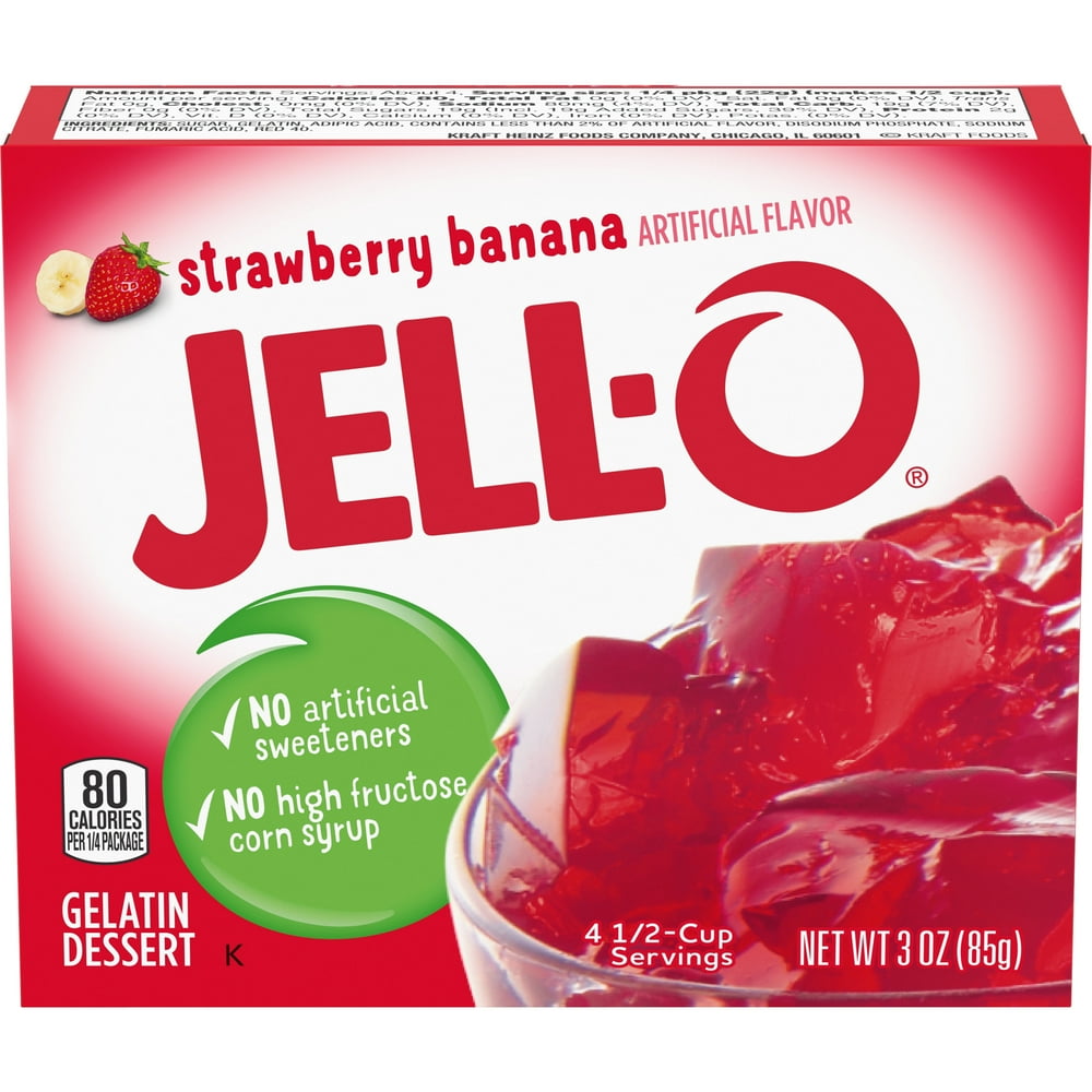 JellO Strawberry Banana Gelatin Dessert Mix, 3 oz Box
