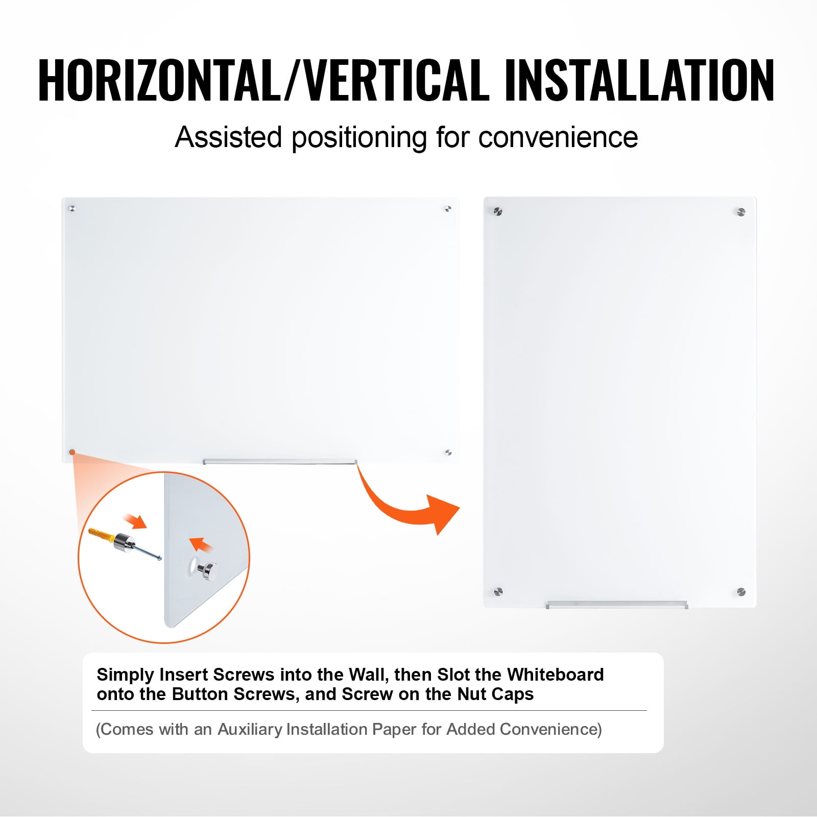 KFFKFF Glass Whiteboard with Magnetic Properties, 48"x32" Dry Erase Board, Frameless Large White Glassboard for Wall Mounting, Comes with a Tray for Markers, a Whiteboard Eraser and a Pair of Markers