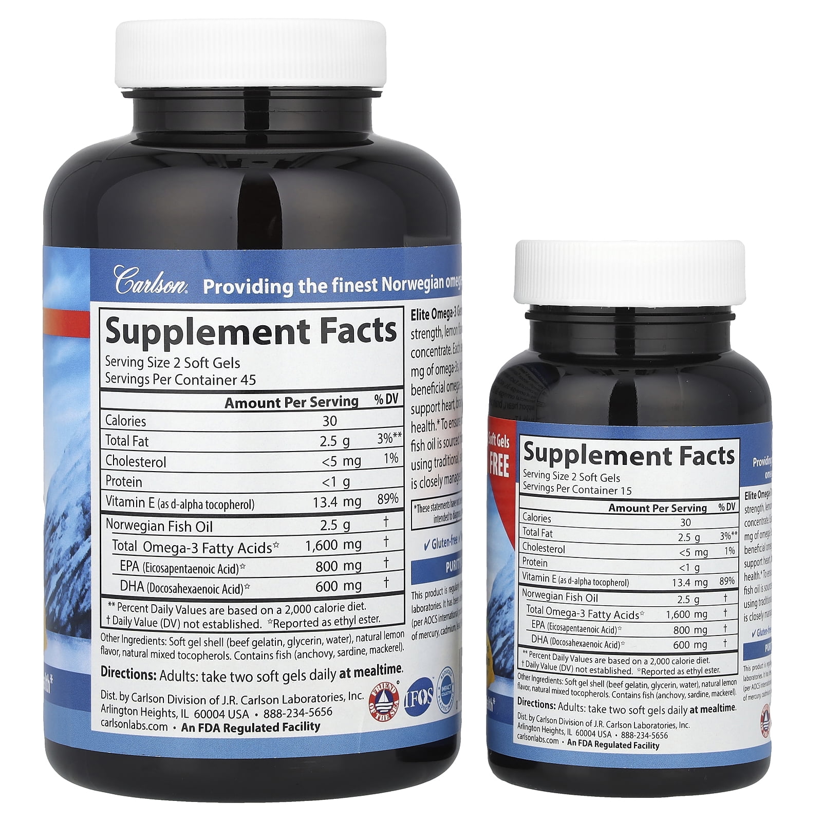 Carlson Wild Caught Elite Omega-3 Gems Softgels, 1600 Mg, Lemon, 90 + 30 Ct