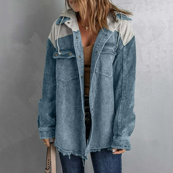Weiqiqre Light Weight Jackets Womens Fall Corduroy Shacket Jacket Long Sleeve Button Down Color Block Hooded Coat with Pockets