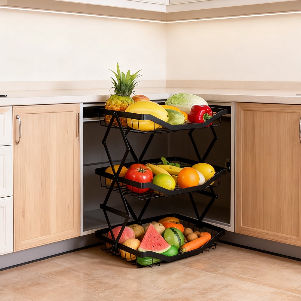 Yucurem 3 Tier Fruit Basket, Stackable Kitchen Cart Wheels, Metal  Rolling Cart for Vegetable, Snacks, Black
