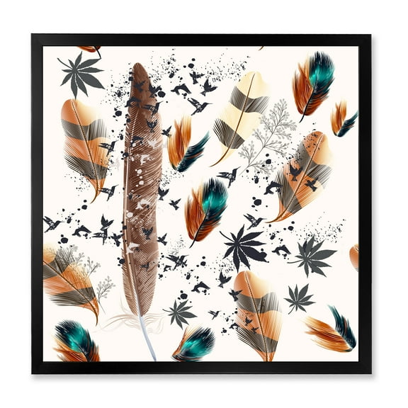 Designart 'Multicolored Feather Pattern With Floral' Bohemian & Eclectic Framed Art Print