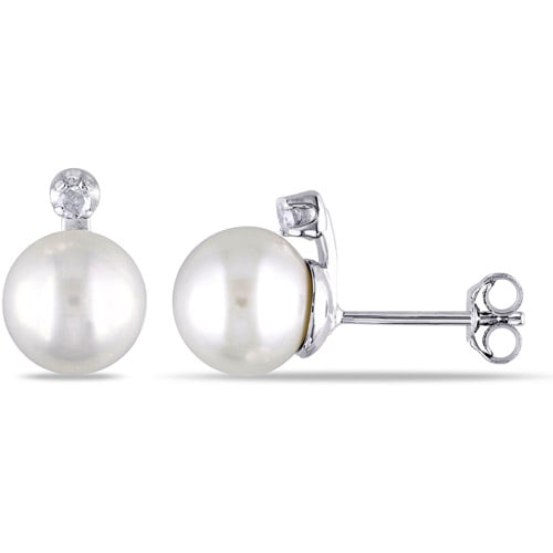 Sterling Silver Simulated White Pearl 10mm Stud Earrings & Necklace Set with CZ Accents