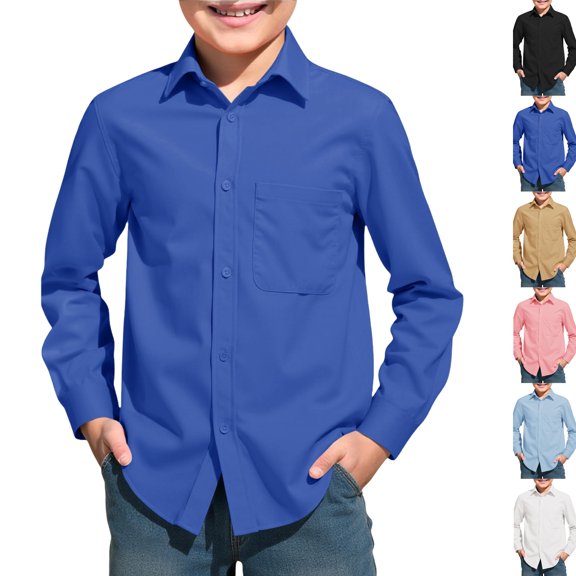 Boys Long Sleeve Dress Shirts Collared Button Down Shirt School Uniform Shirts with Chest Pocket Blue,12-13 Years