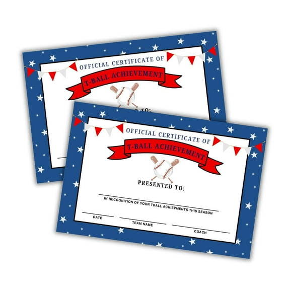 T-Ball Achievement Awards Certificates 30pk 6x9 Cardstock Superlatives Candy Bar End of Year Season Youth Sports Baseball Little League Tournament