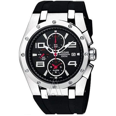 Pulsar Chronograph Men's Stainless Steel Case Rubber Strap Black Dial Quartz Movement Chronograph Watch PF3761