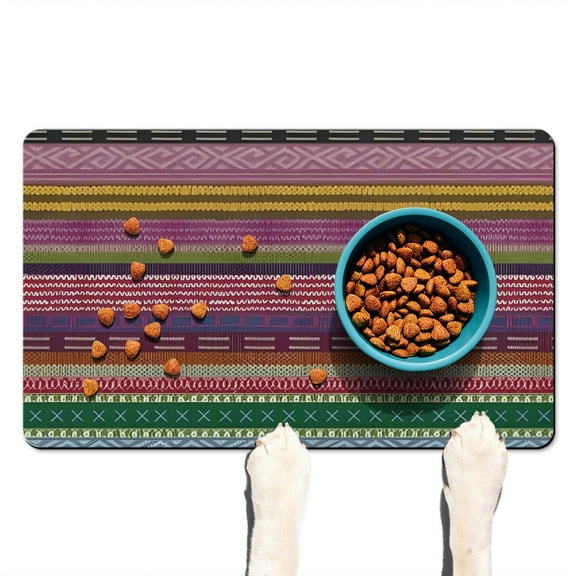 Boho Retro Floral Pet Feeding Mat-Abstract Art Pattern Absorbent Pet Placemat for Food and Water Bowl, with Waterproof Rubber Backing, Quick Dry Water Dispenser Mat for Dog and Cat (12"x20")