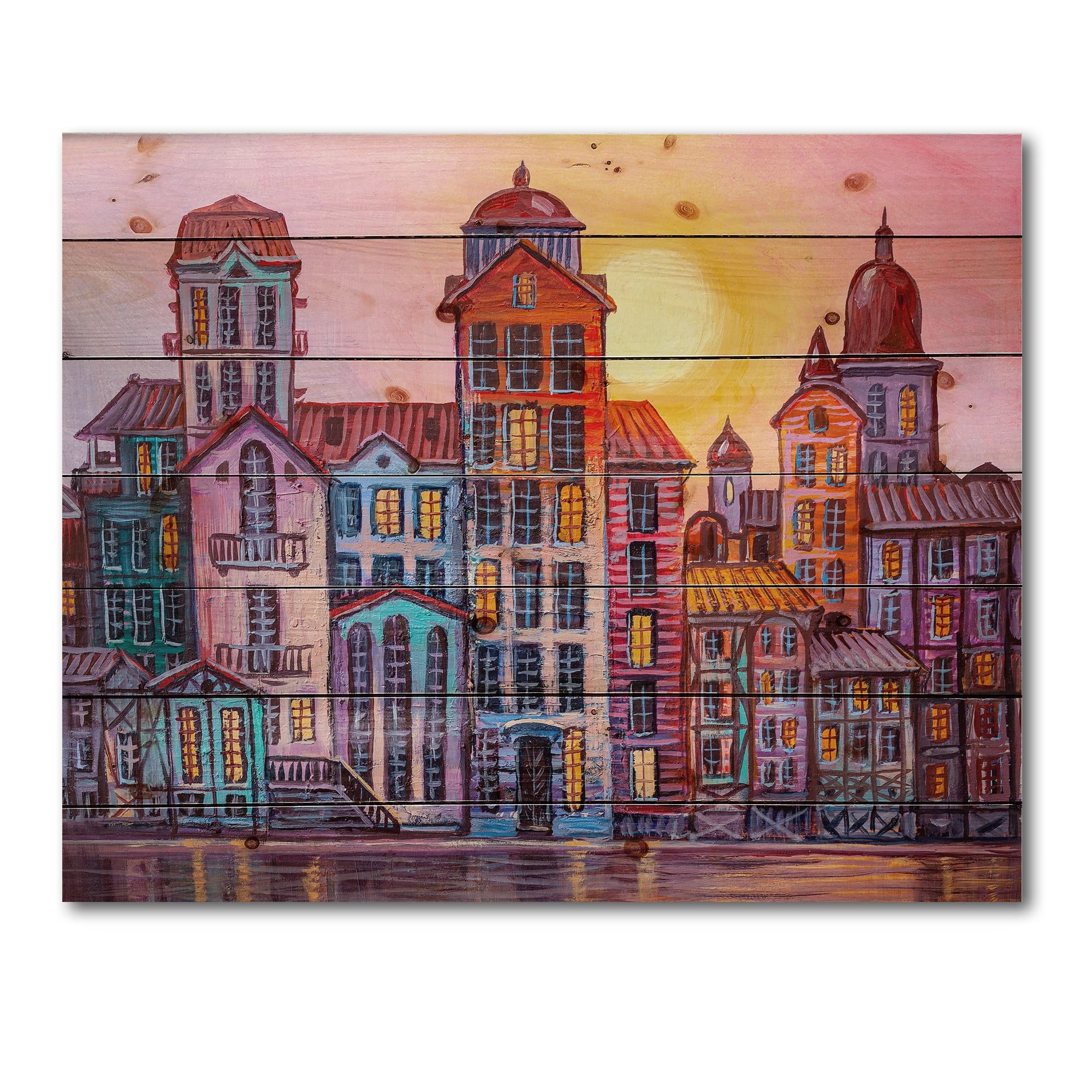 Designart 'Afternoon Street Scene In Old Town With Colorful Buildings' Mid-Century Modern Print on Natural Pine Wood