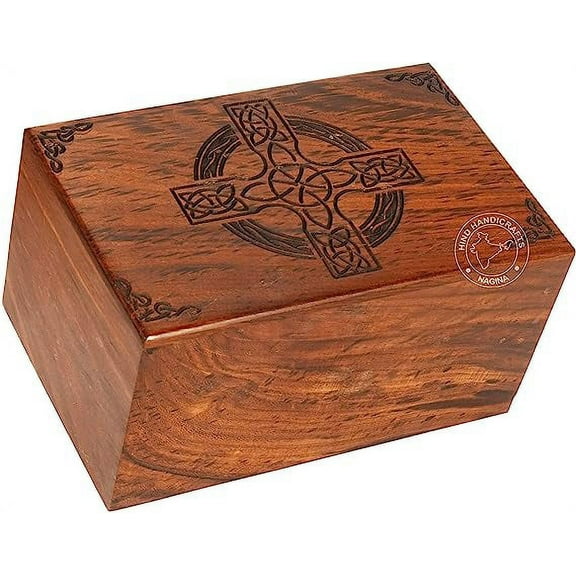Rosewood Top Engraved Wooden Cremation Urns for Human Ashes Adult - Handcrafted Funeral Memorial Ashes Urn - Columbarium Urn (Celtic Cross, 250 Cubic Inches)