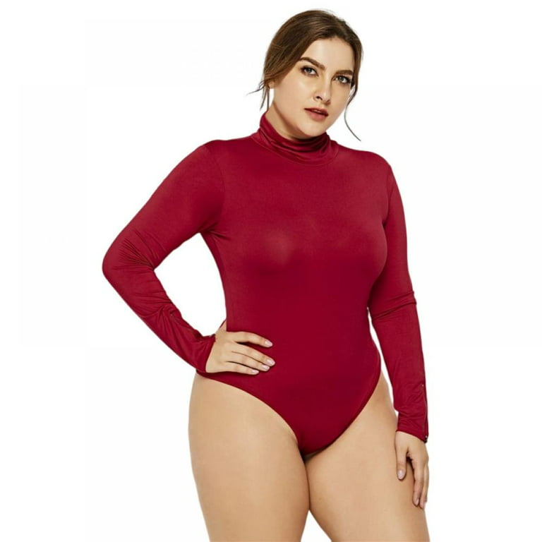 Baywell Women's Plus Size Zipper Long Sleeve Bodysuits Basic Leotard  Red(Turtleneck) XL-6XL