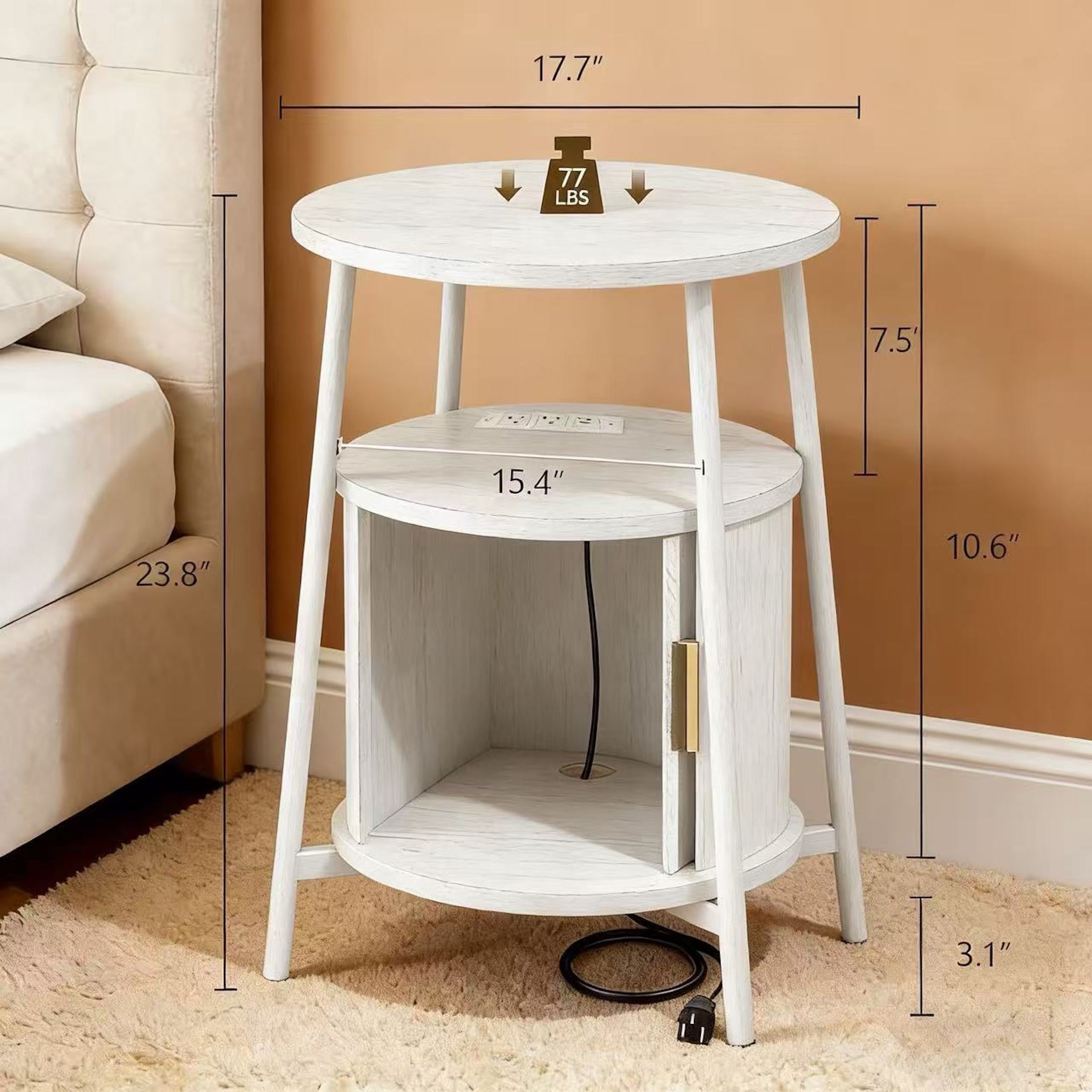 AISWORD Nightstand with Charging Station, Modern Round Bedside Table with Sliding Door Storage, White, 2 Pack