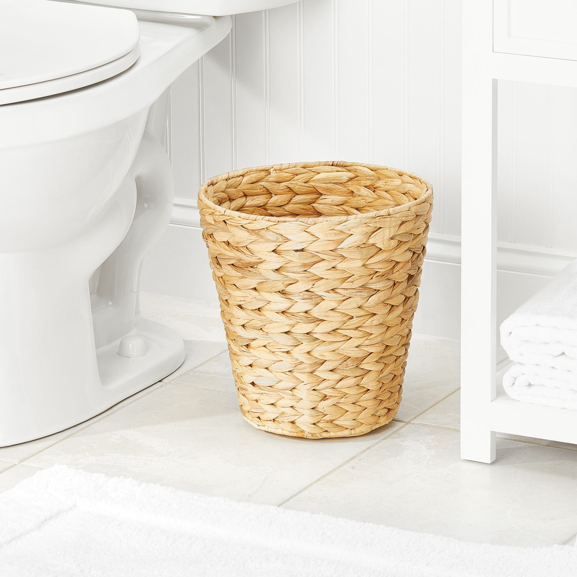 mDesign Small Hyacinth Round Boho Woven Garbage Wastebasket Trash Can, Natural