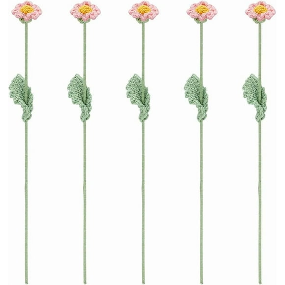 5 pcs Handmade Crochet Daisy Flowers Pink Artificial Daisy Flower Bouquet Knitted Cotton Artificial Flowers with Iron Wire Crochet Daisy Flower for Home Wedding Decorations Flower Gift