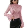 thumbnail image 2 of Women Bell Sleeve Tops Dressy Hollow Out Lace Blouse Party 2025 Fashion Pink S, 2 of 7