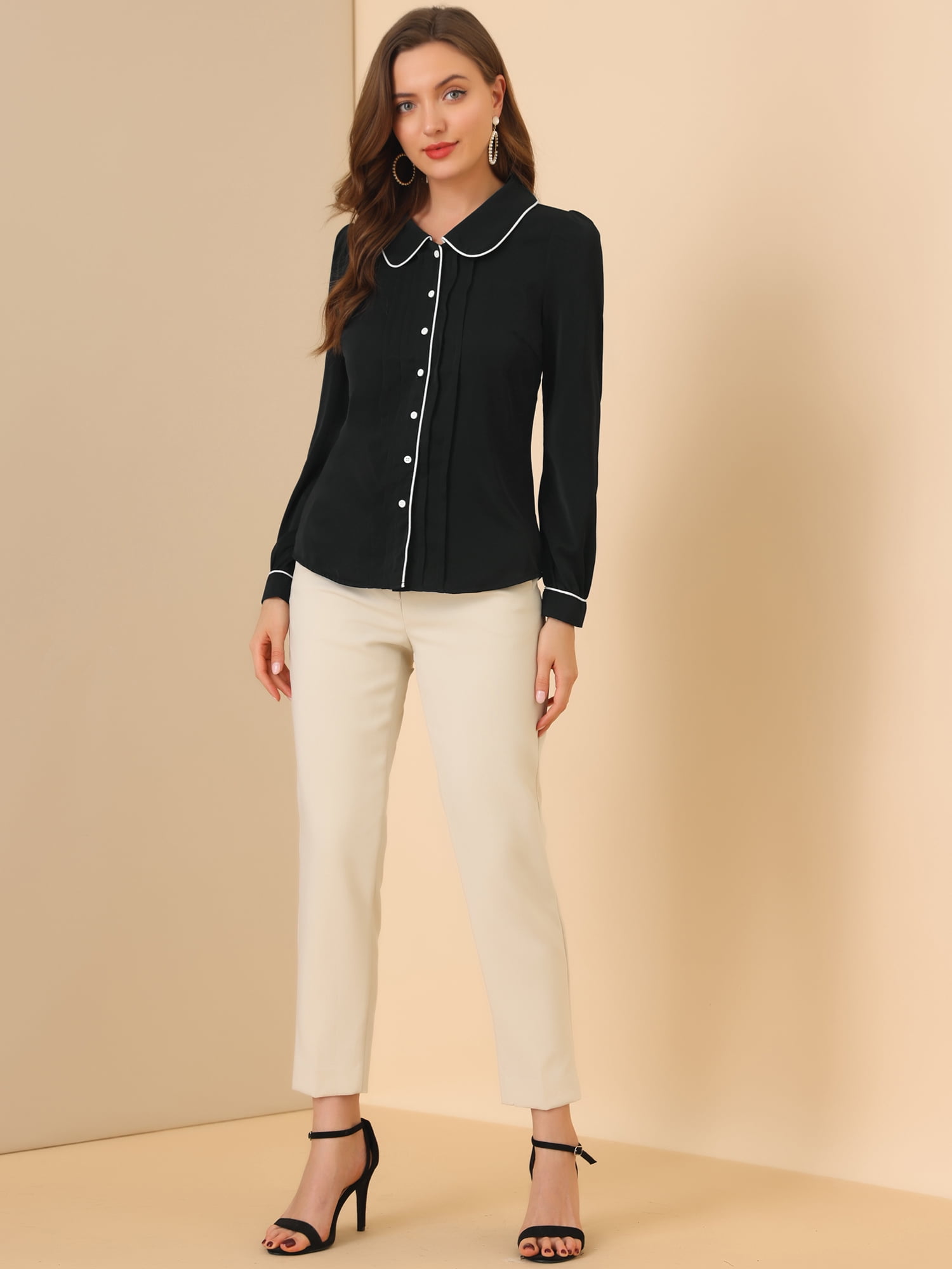 DARING DIVA Women's Peter Pan Collar Puff Sleeve Work Blouse XXL Black