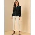thumbnail image 3 of Camisa casual de contraste con cuello Peter Pan para mujer, blusa de trabajo con mangas abullonadas Negro S, 3 of 6