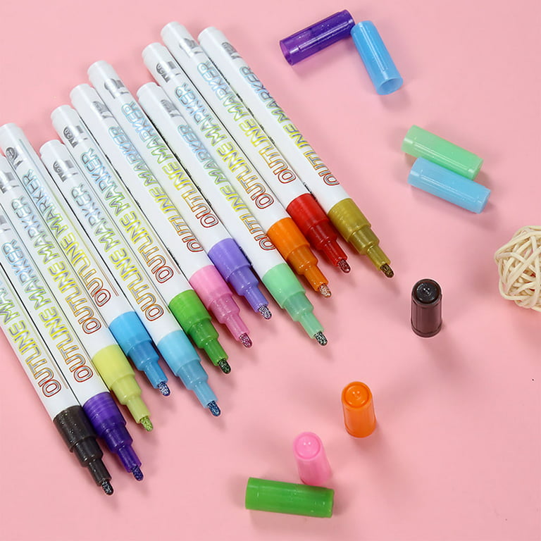SDJMa Double Line Outline Markers, 12 Colors Squiggles Shimmer Markers Set,  Self Outline Metallic Marker Pens for Art, Drawing, Doodling, Card Making