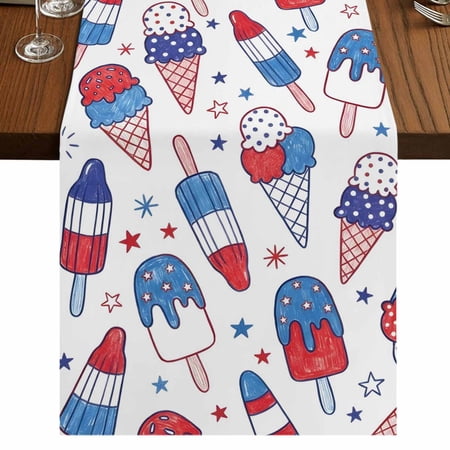 Blue Red Ice Cream Burlap Cotton Table Runner 13x72 Inches Long 4th of July 250th Anniversary Farmhouse Table Runners Outdoor Dining Table Decor for Baby Shower/Party/Wedding
