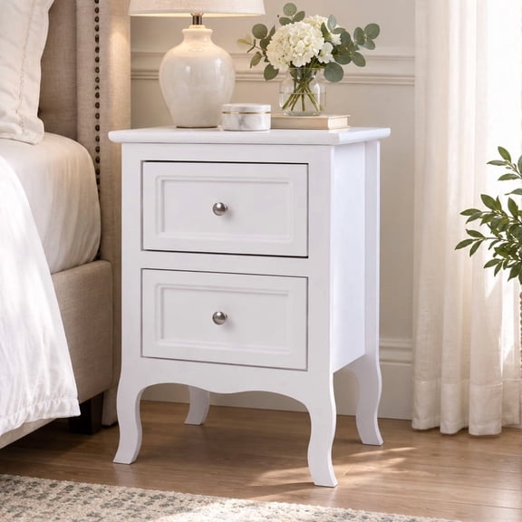 Ktaxon Nightstand End Table with 2 Drawers, Wooden Bedside Table, White