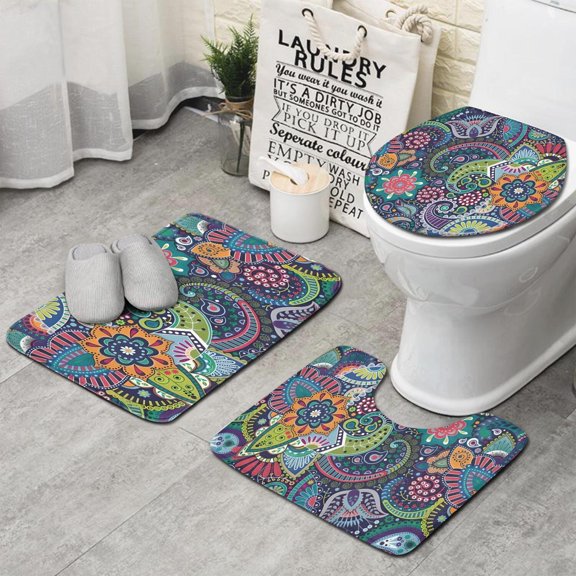 Blue Pioneer Flower and Paisley Pattern Bathroom Rugs Sets 3 Piece,Toilet Cover Set,Absorbent Non Slip Bathroom Mats Sets with U-Shaped Contour Rug Toilet Rug Set