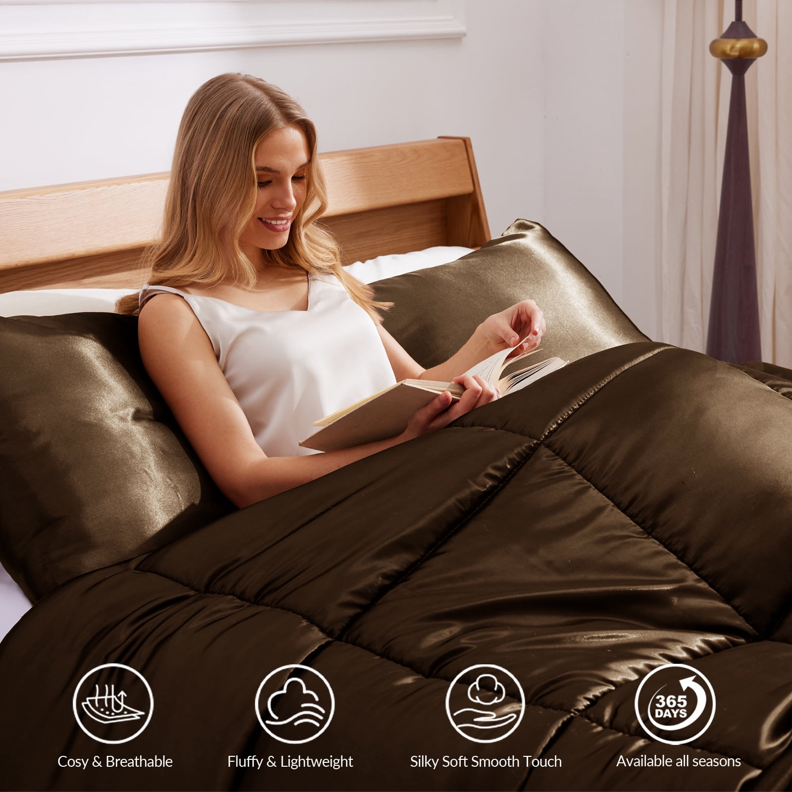 Whale Flotilla 3-Piece Reversible Silky Satin King Size Comforter Bedding Set, Lightweight Luxury Comforters with 2 Pillowcases All-Season, Brown