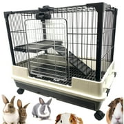 26L 2-Level Deluxe Indoor Outdoor Small Animal Rabbit Guinea Pig Rolling Cage Easy Clean Washable Pull Out 2-Inch Deep Tray