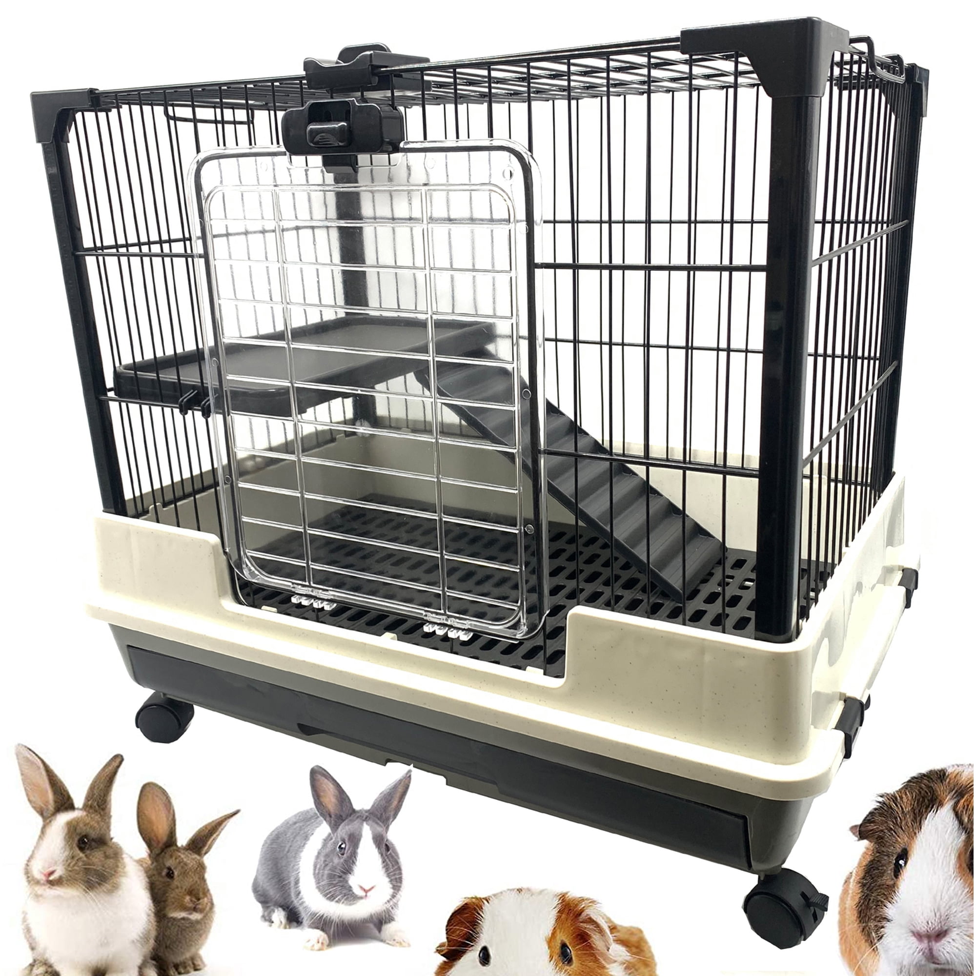 26”L 2-Level Deluxe Indoor Outdoor Small Animal Rabbit Guinea Pig Rolling Cage Easy Clean Washable Pull Out 2-Inch Deep Tray