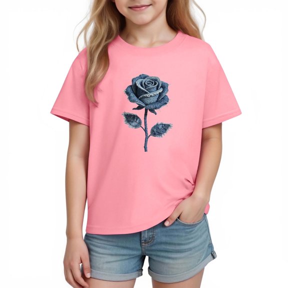 Pink Girls T-Shirt Short Sleeve 100% Cotton Graphic Tee with Floral Rose Print Casual Top for Kids & Kids,Size 4 T