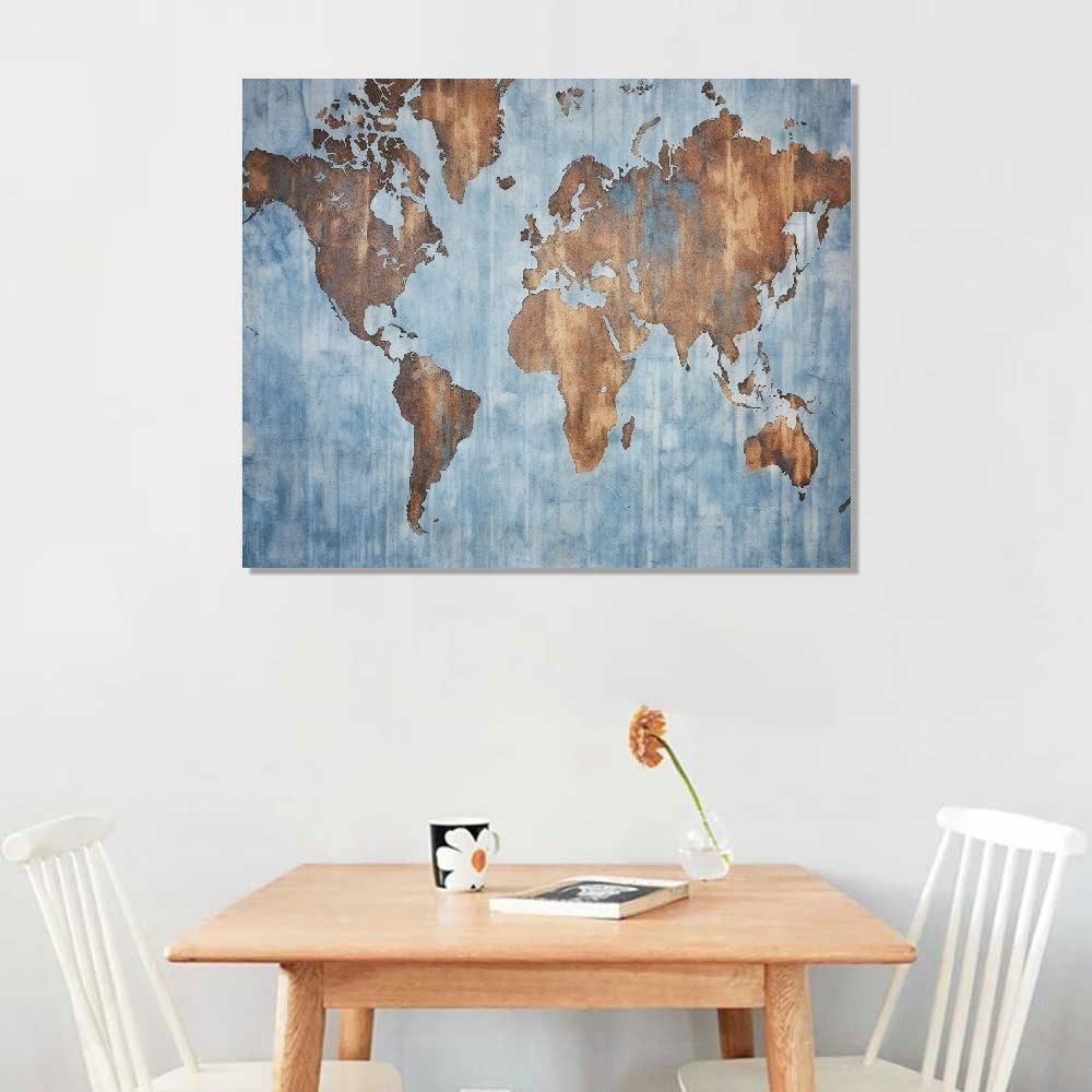 Awypu  World Map Wall Art Poster On Canvas Modern Abstract Large Painting Pictures Framed With Blue Color For Office Decor