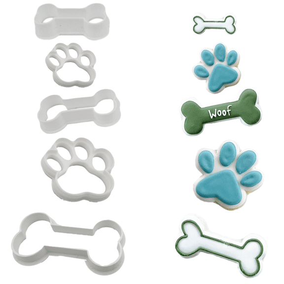 DOG COOKIE CUTTERS BONES AND PAWS Small And Large Dog Paw Prints With Small Medium And Large Canine Chew Bones For Pet Treats Or Cookies Made In The USA (5 Pack)