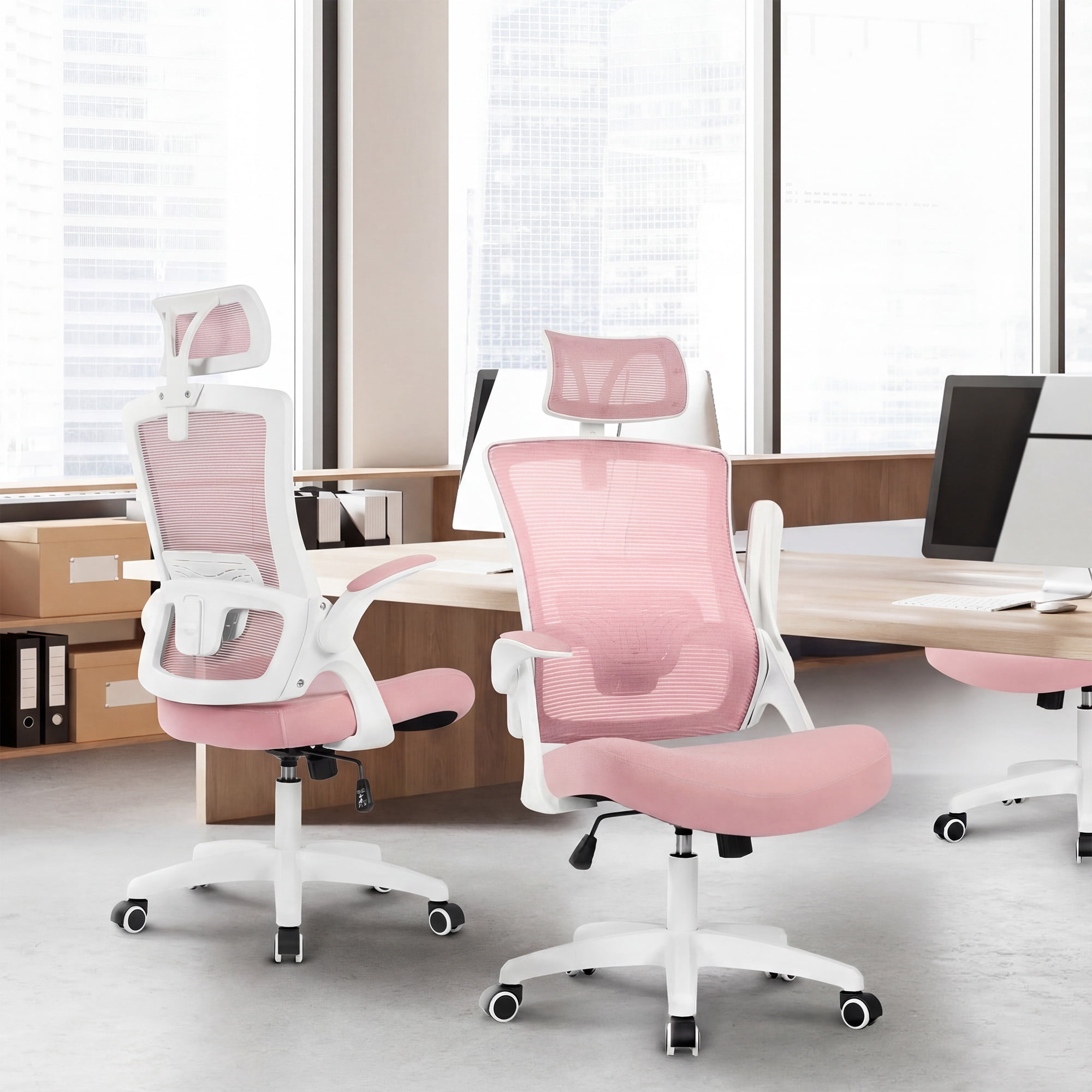 NEO Chair Office Desk Chair Gaming Computer High Back Support Mesh Comfy Seat with Adjustable Ergonomic Headrest Lumbar Rolling Flip-up Armrests and Wheels (Headrest Pink)