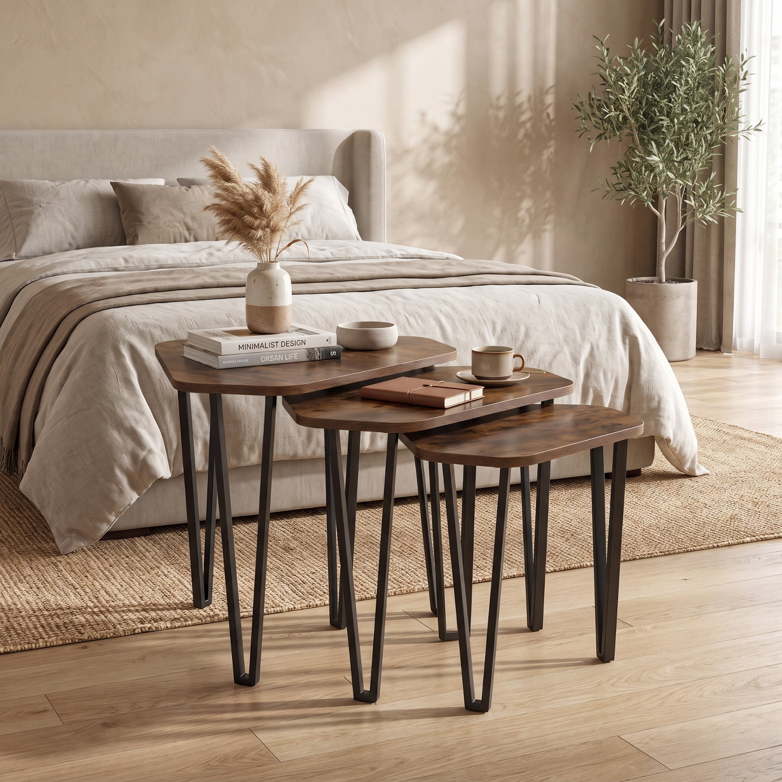 Furnibear Set of 3 Nesting Coffee Tables with Engineered Wood Top and Metal Frame for Living Room Bedroom and Guest Room, Rustic Brown