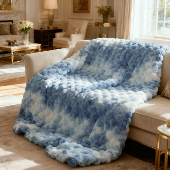 ShellKingdom Faux Fur Throw Blanket, Soft Plush Fluffy Thick Bubble Blanket for Couch Sofa Bedroom Living Room, 50" x 60", Tie Dye Blue