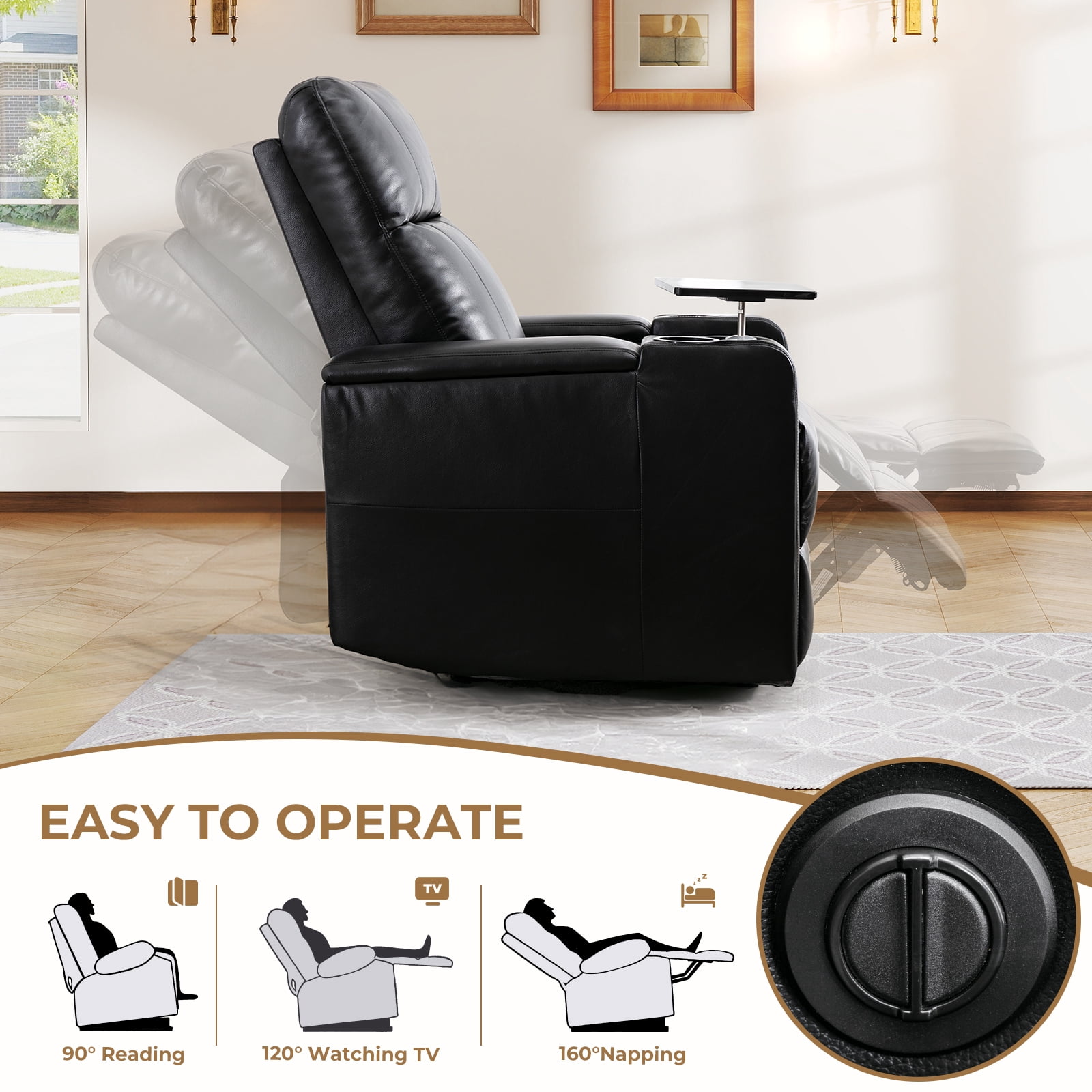 Bonzy Home Electric Power Recliner Chair Set of 3, Leather Home Theater Seating with Swivel Tray Cup Holders USB Port & Hidden Storage, Reclining Chair Sofa Furniture for Movie Room, Black