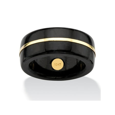 Jade Floral Band Ring - Genuine Black Jade Striped Ring Band with 10k Yellow Gold Band