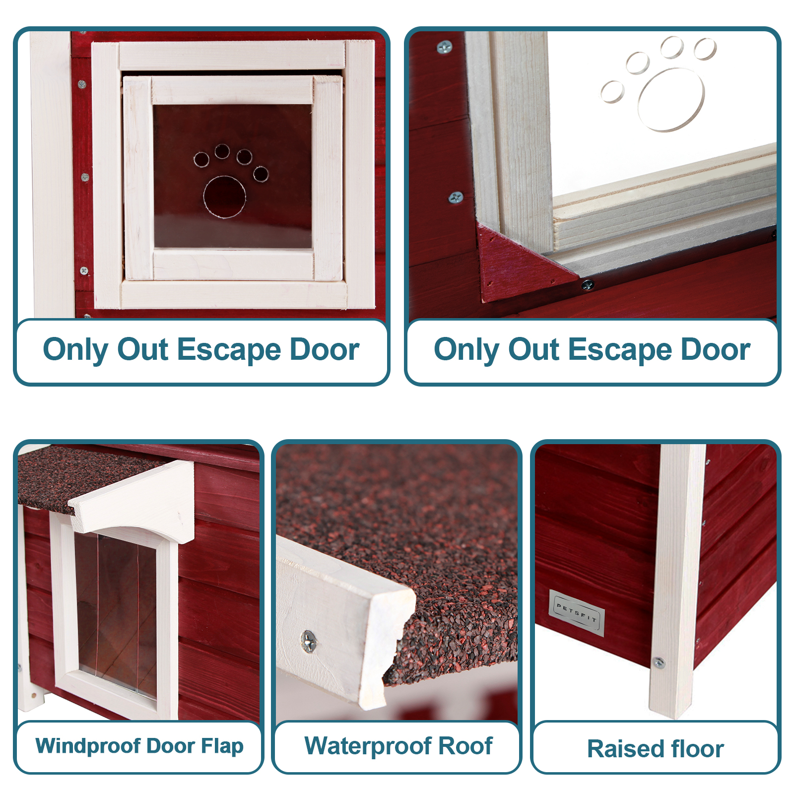Petsfit Outdoor Cat House for Feral Cats Weatherproof, 2 Story Wooden Kitten Condo with Escape Door Red