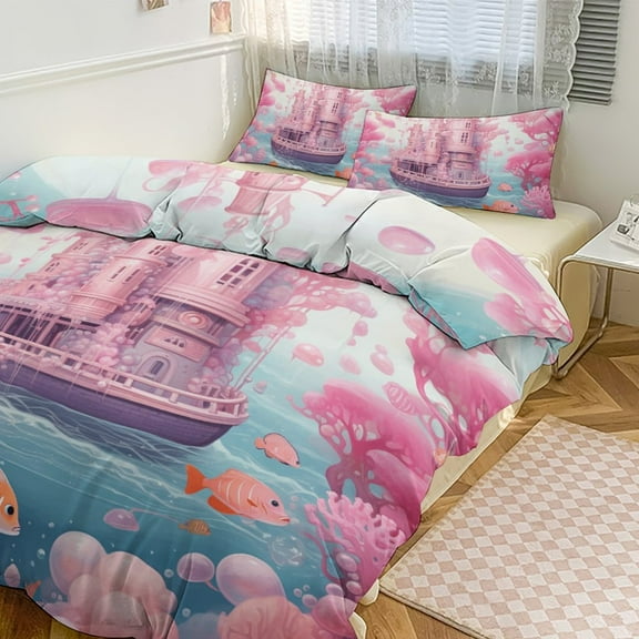 Ocean Mermaid Coral Bedding Set with Zipper Closure for Girls & Boys