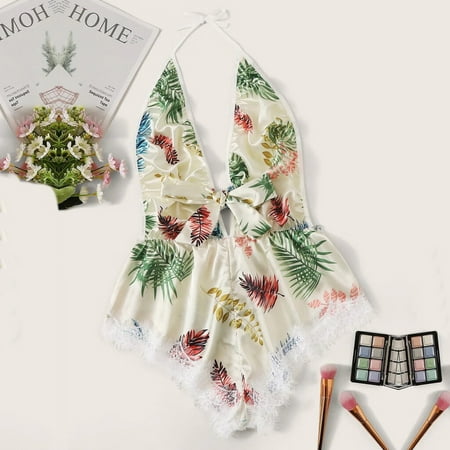 

Ykohkofe Women Printing Lace Stain Bow Lingerie Bodysuit Backless Pajamas Silk Jumpsuit